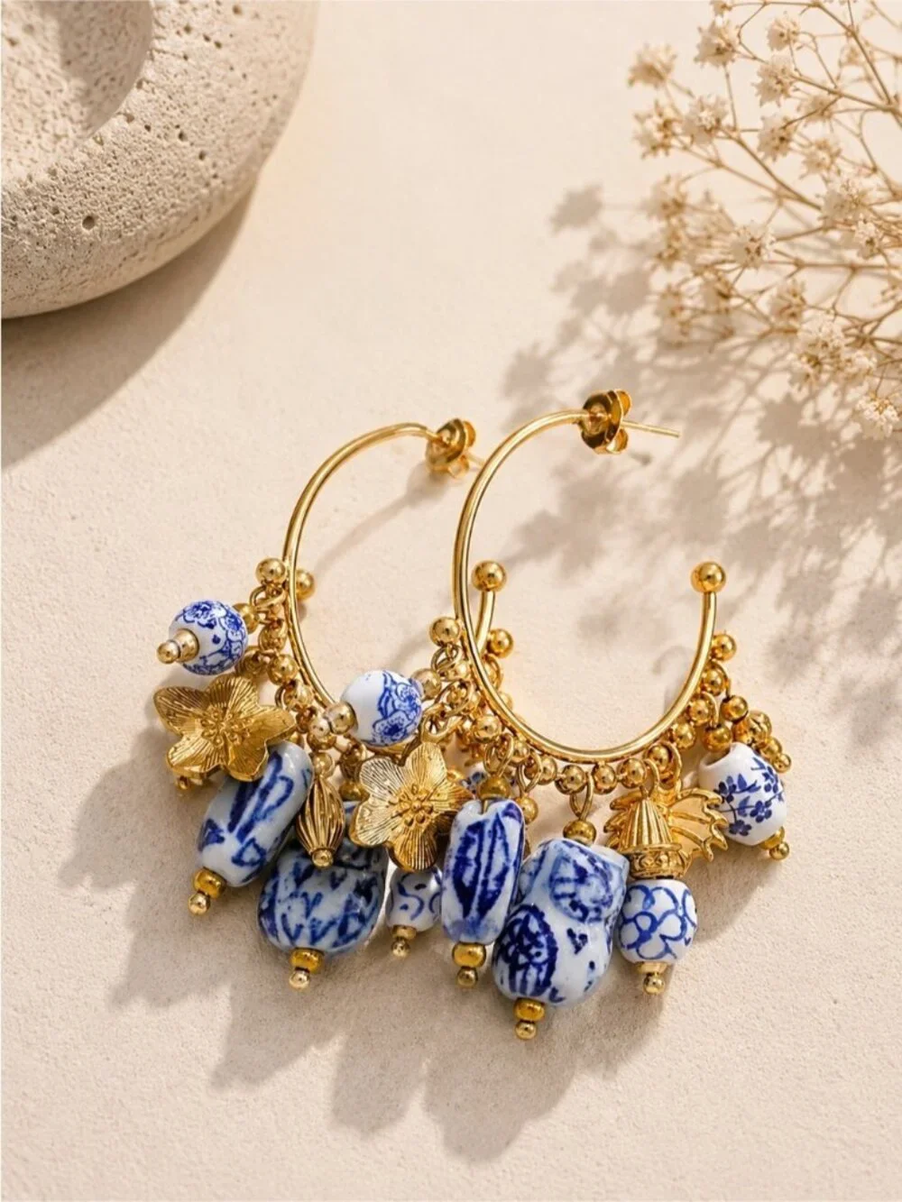 Gold Hoop Earrings with Blue and White Beads and Floral Charms